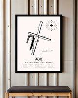Altoona / Blair County Airport framed poster displayed in an airplane hangar