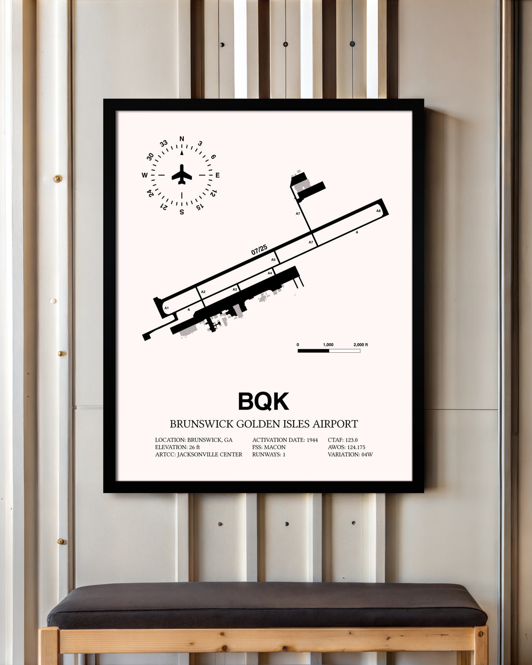 Brunswick Golden Isles Airport framed poster displayed in an airplane hangar