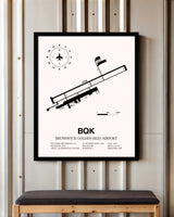 Brunswick Golden Isles Airport framed poster displayed in an airplane hangar