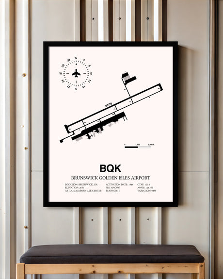 Brunswick Golden Isles Airport framed poster displayed in an airplane hangar