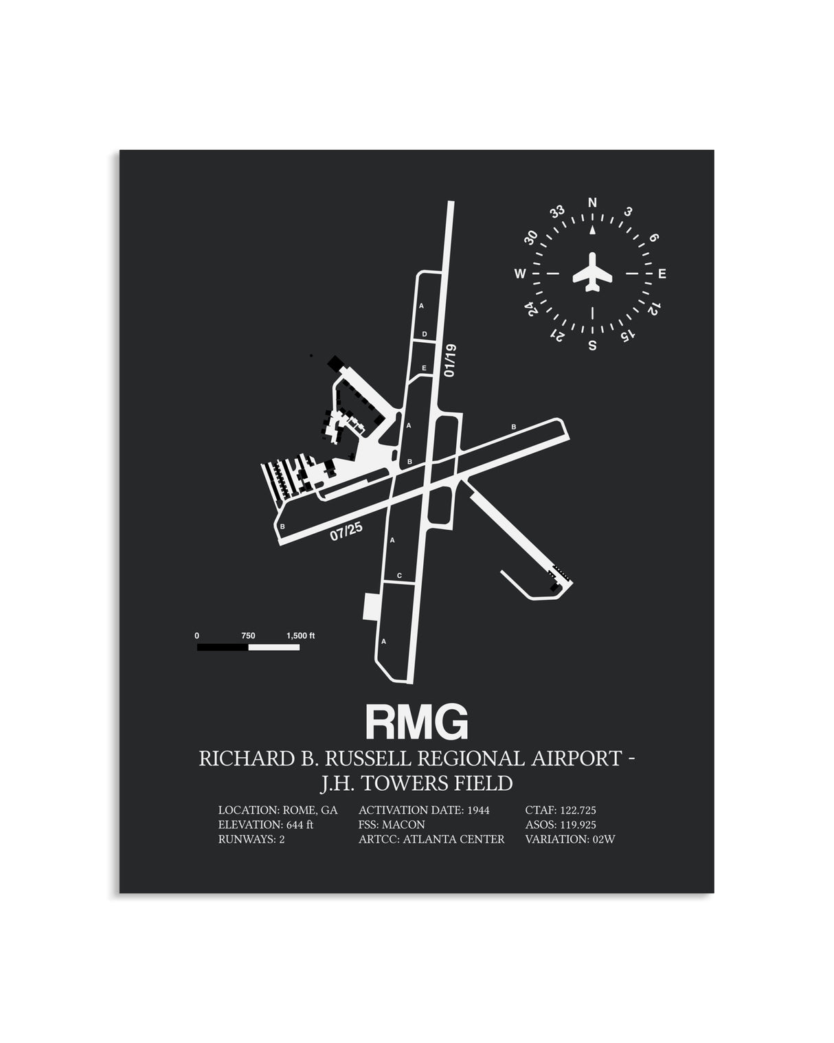 Gray Framed Richard B. Russell Regional Airport - J.H. Towers Field layout wall art poster