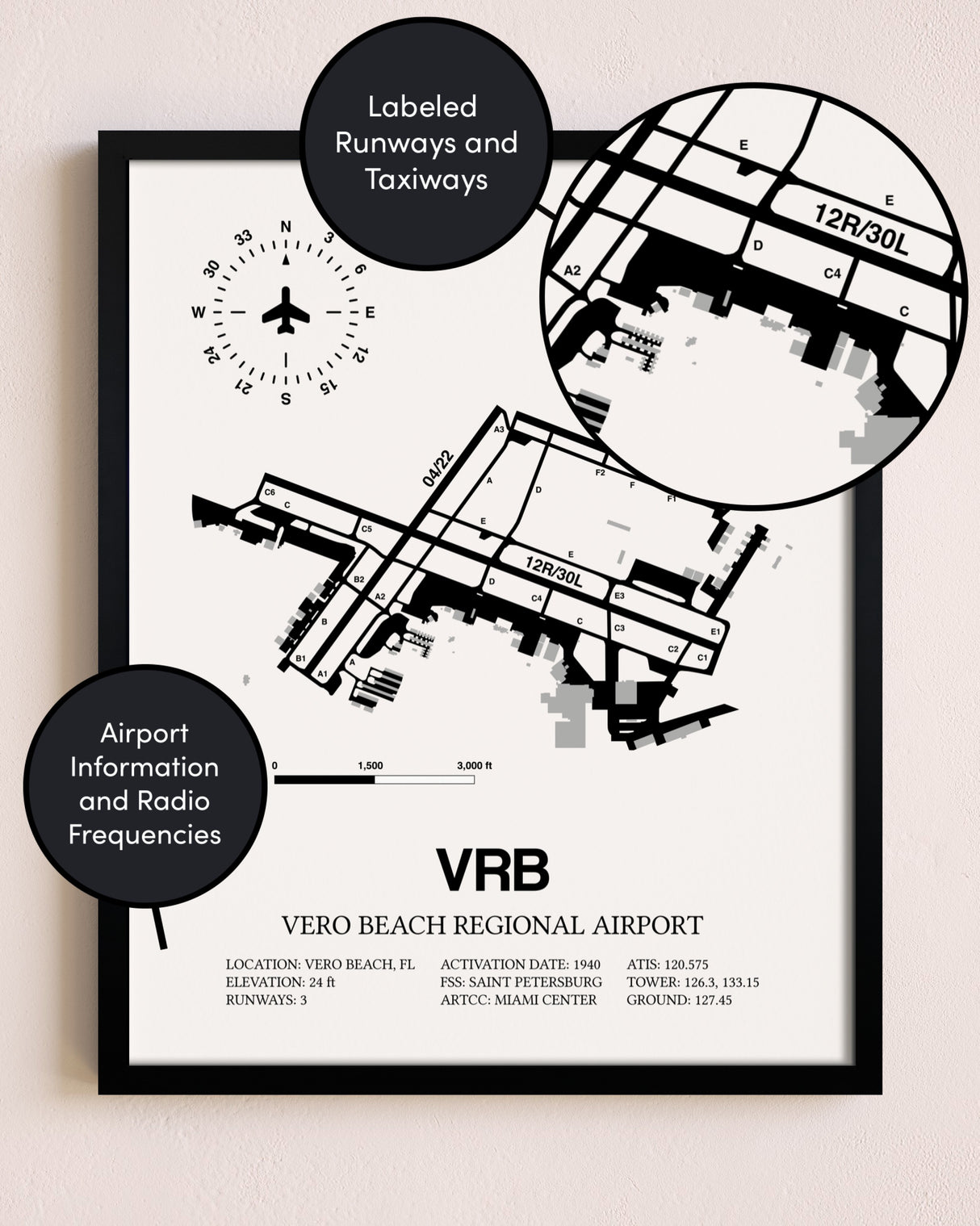 Framed Vero Beach Regional Airport layout wall art poster