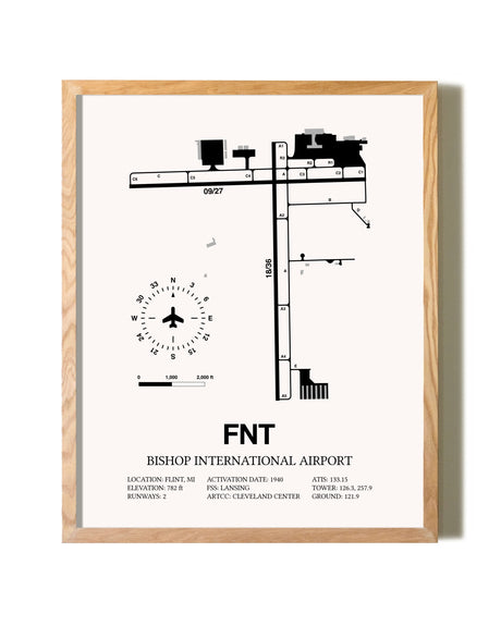 Bishop International Airport framed print in natural wood frame