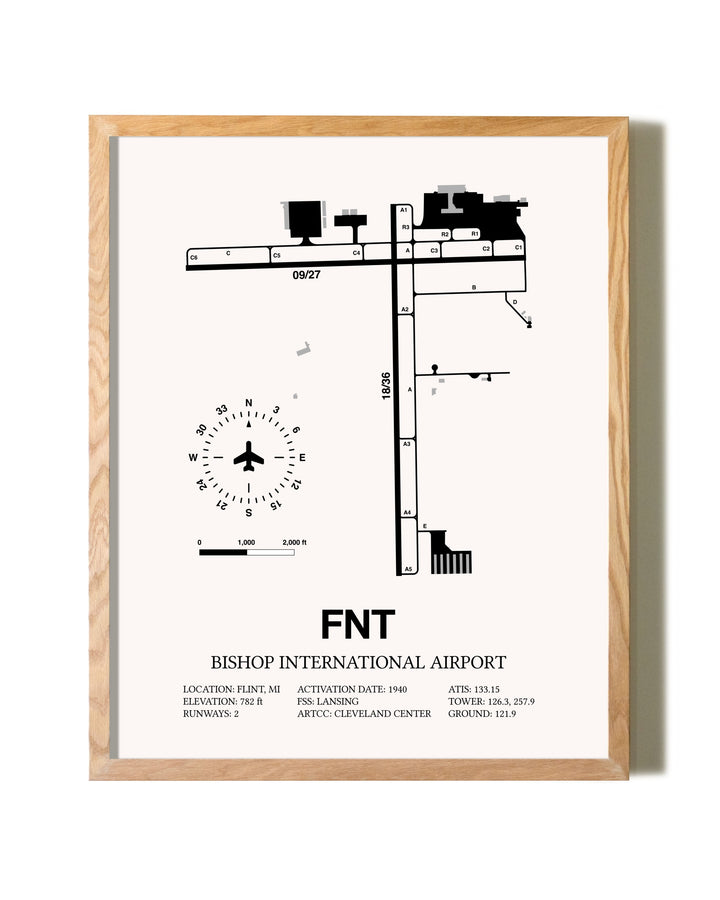 Bishop International Airport framed print in natural wood frame