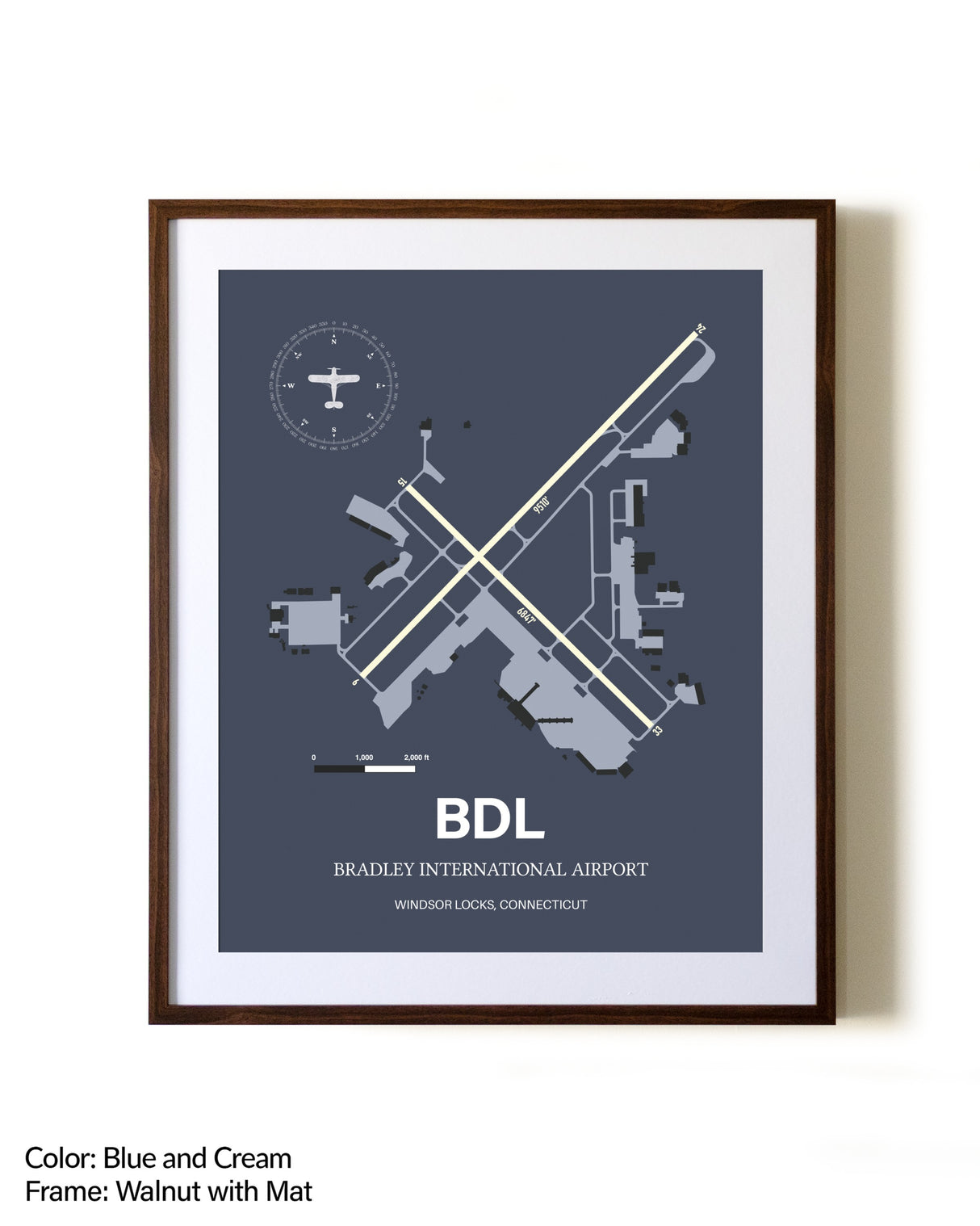 Bradley International Airport aviation print in walnut frame with mat