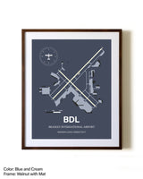 Bradley International Airport aviation print in walnut frame with mat