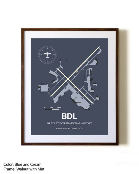 Bradley International Airport aviation print in walnut frame with mat