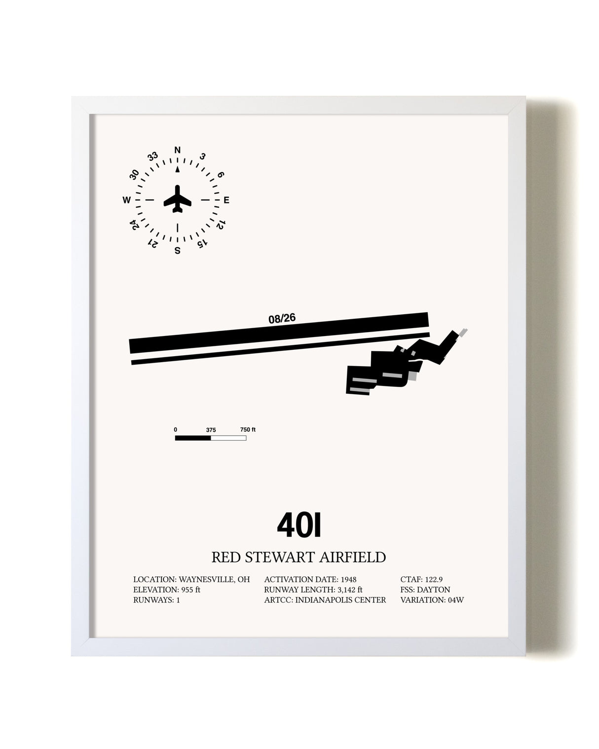 Red Stewart Airfield airport map poster in oak frame