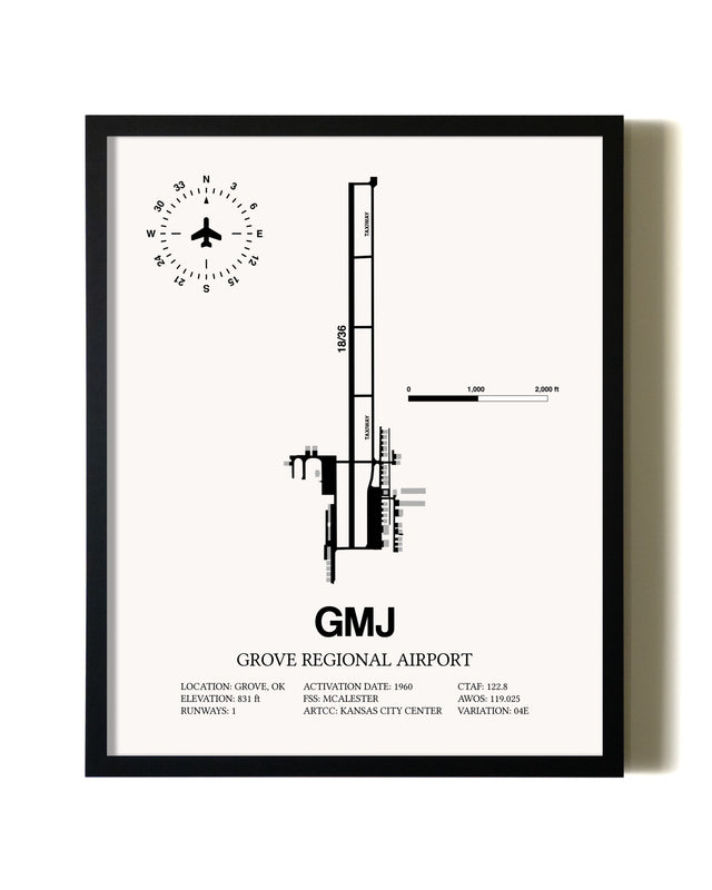 Framed Grove Regional Airport wall art poster in black frame