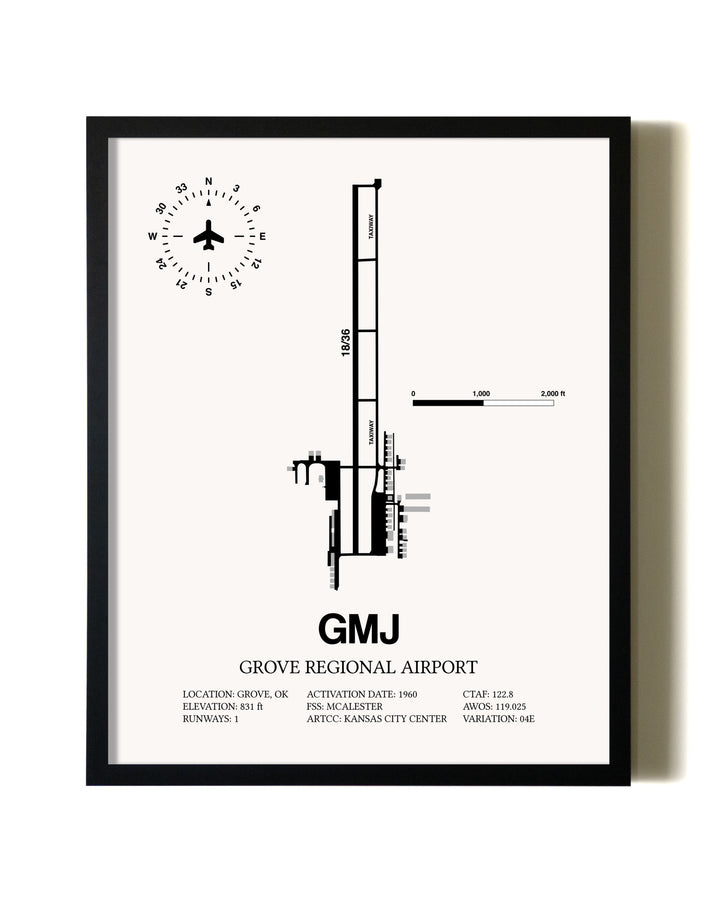Framed Grove Regional Airport wall art poster in black frame