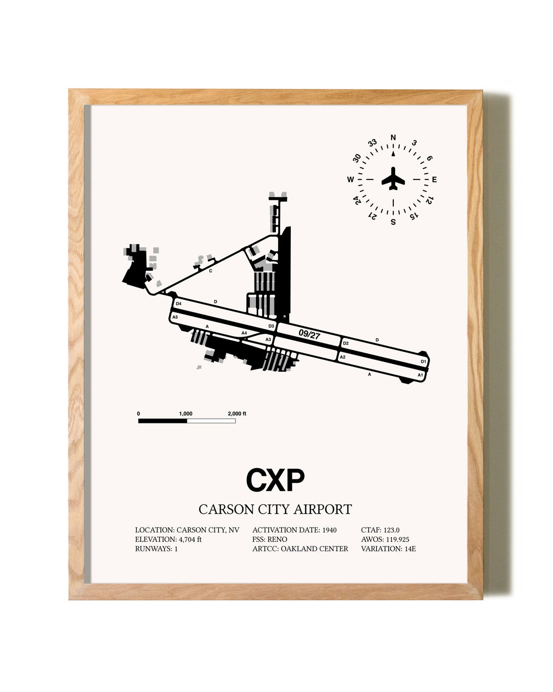 Carson City Airport framed print in natural wood frame
