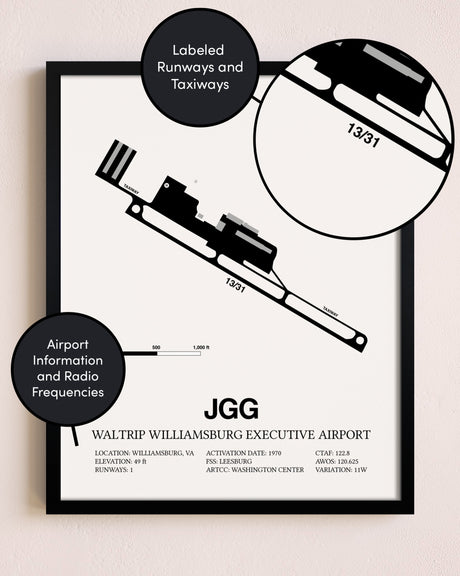 Framed Waltrip Williamsburg Executive Airport layout wall art poster