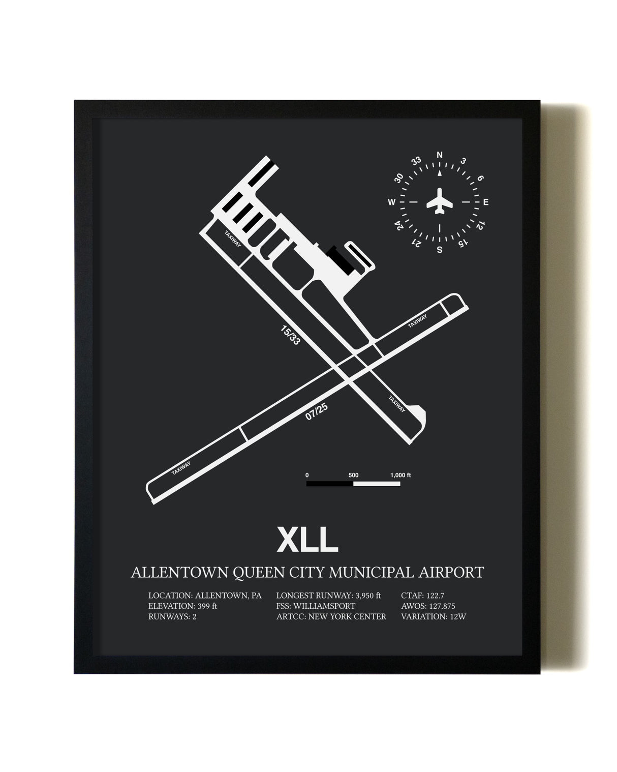 Unframed Allentown Queen City Municipal Airport map print poster
