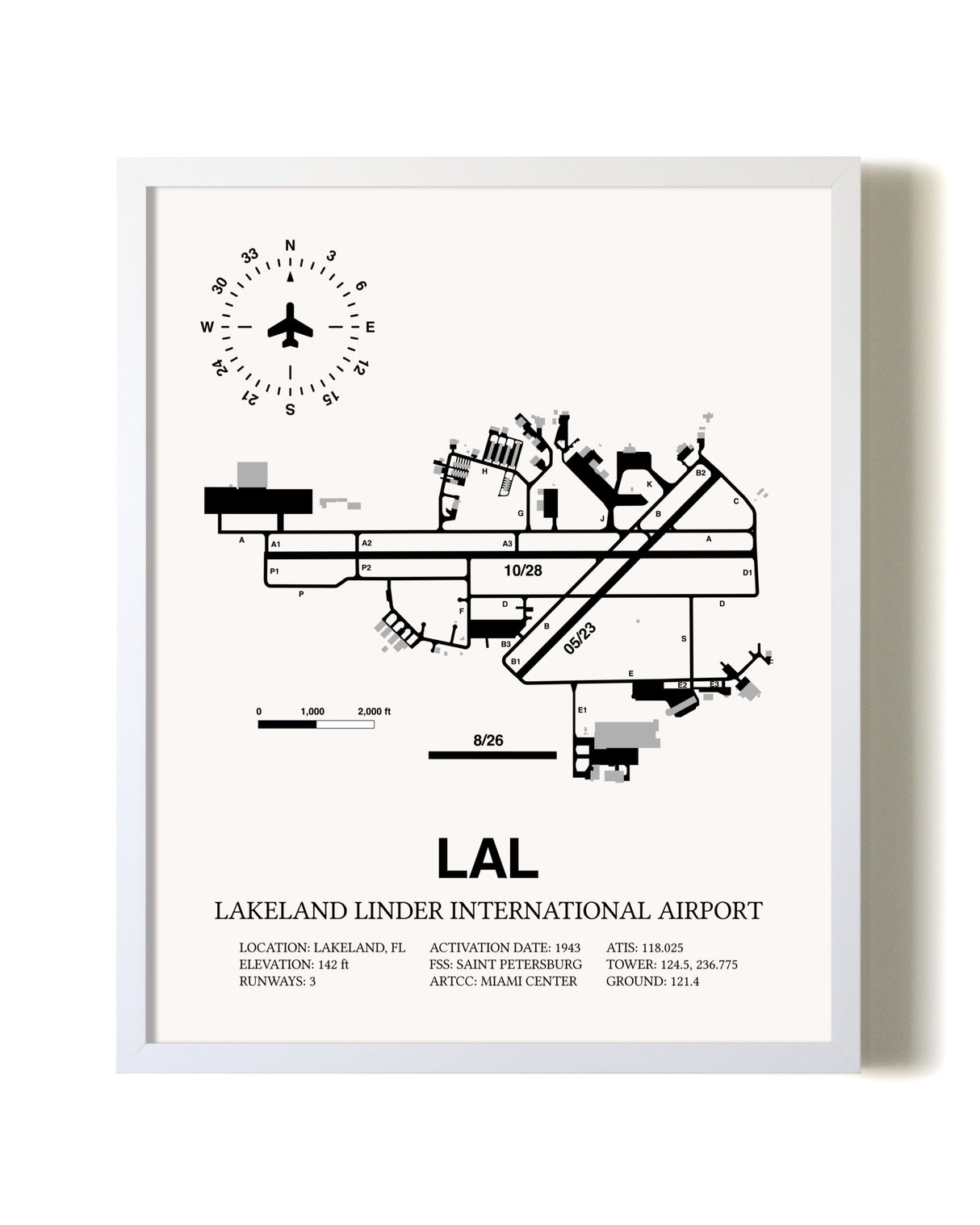 Lakeland Linder International Airport airport map poster in oak frame
