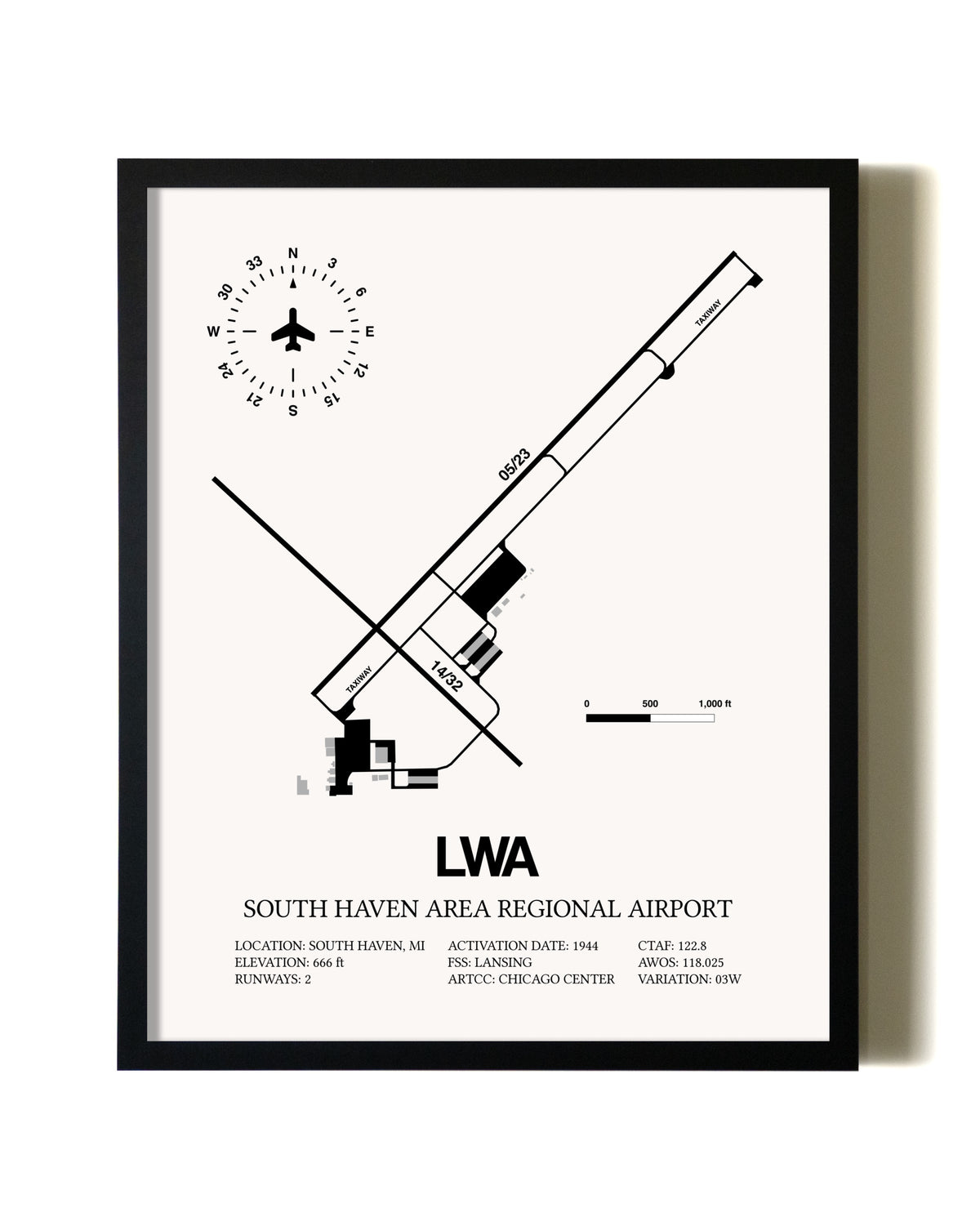 Framed South Haven Area Regional Airport wall art poster in black frame