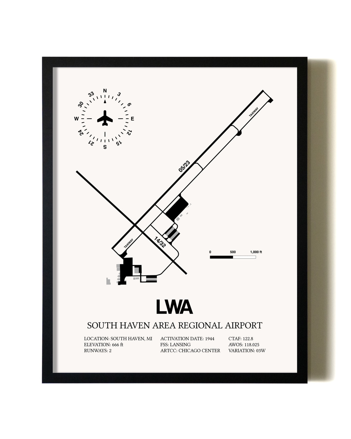Framed South Haven Area Regional Airport wall art poster in black frame