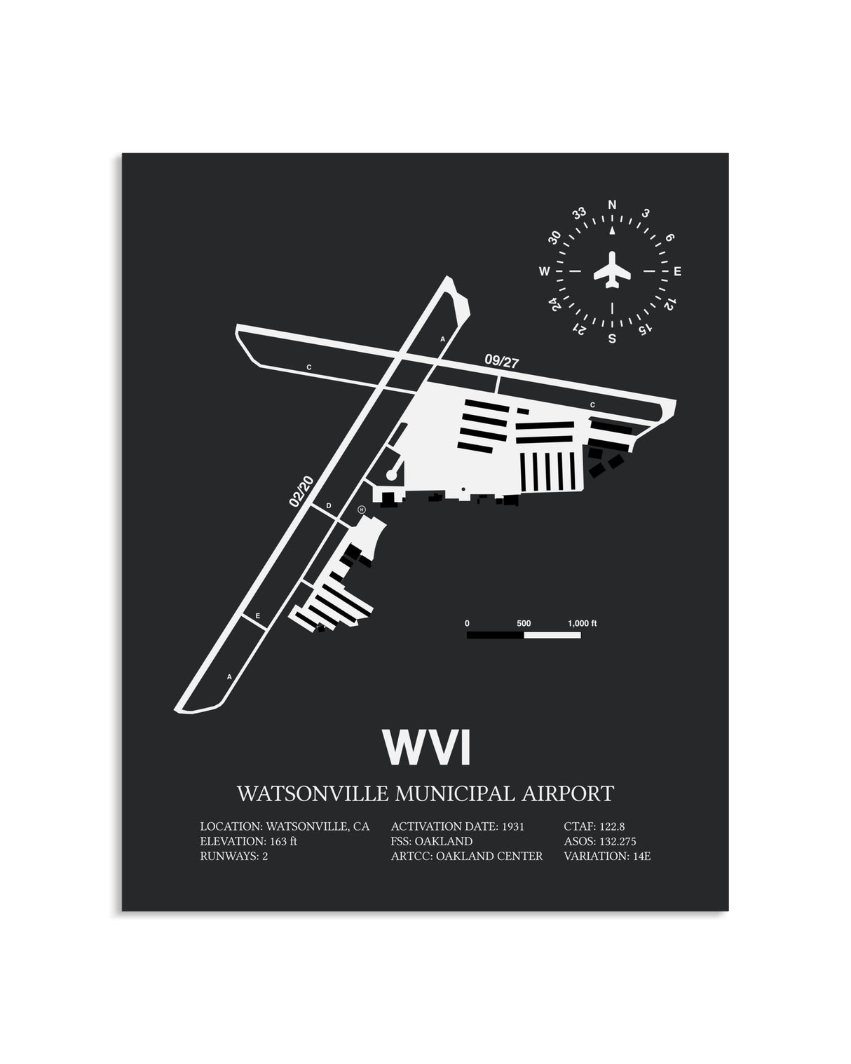 Gray Framed Watsonville Municipal Airport layout wall art poster
