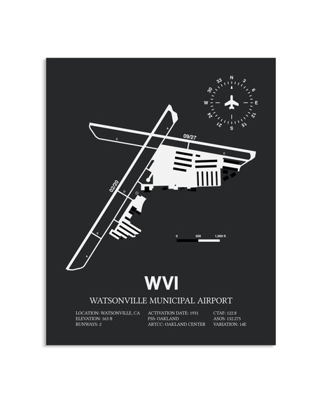 Gray Framed Watsonville Municipal Airport layout wall art poster
