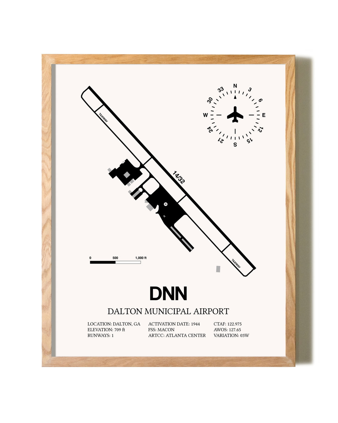 Dalton Municipal Airport framed print in natural wood frame