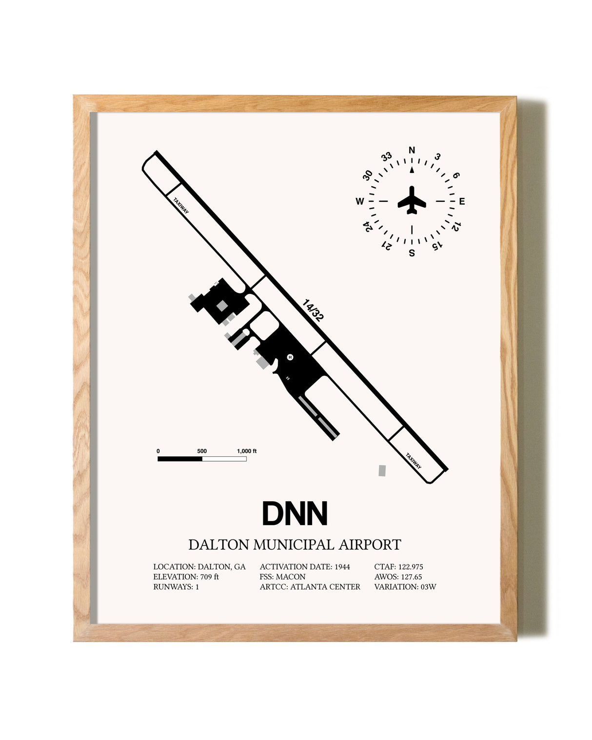 Dalton Municipal Airport framed print in natural wood frame