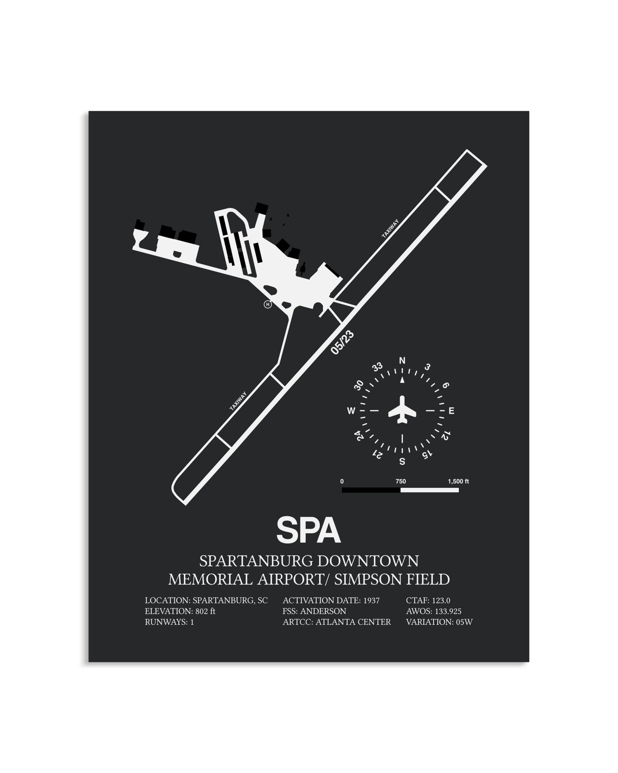 Gray Framed Spartanburg Downtown Memorial Airport / Simpson Field layout wall art poster