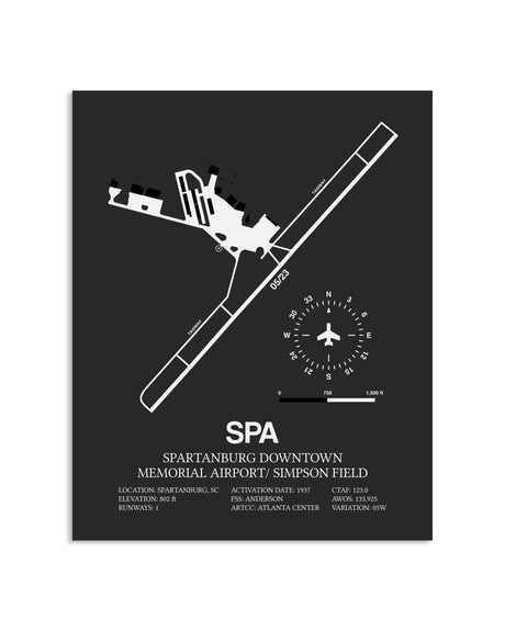 Gray Framed Spartanburg Downtown Memorial Airport / Simpson Field layout wall art poster