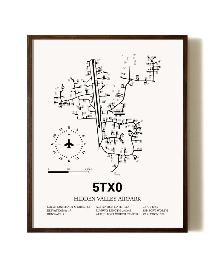 Hidden Valley Airpark aviation print in walnut frame