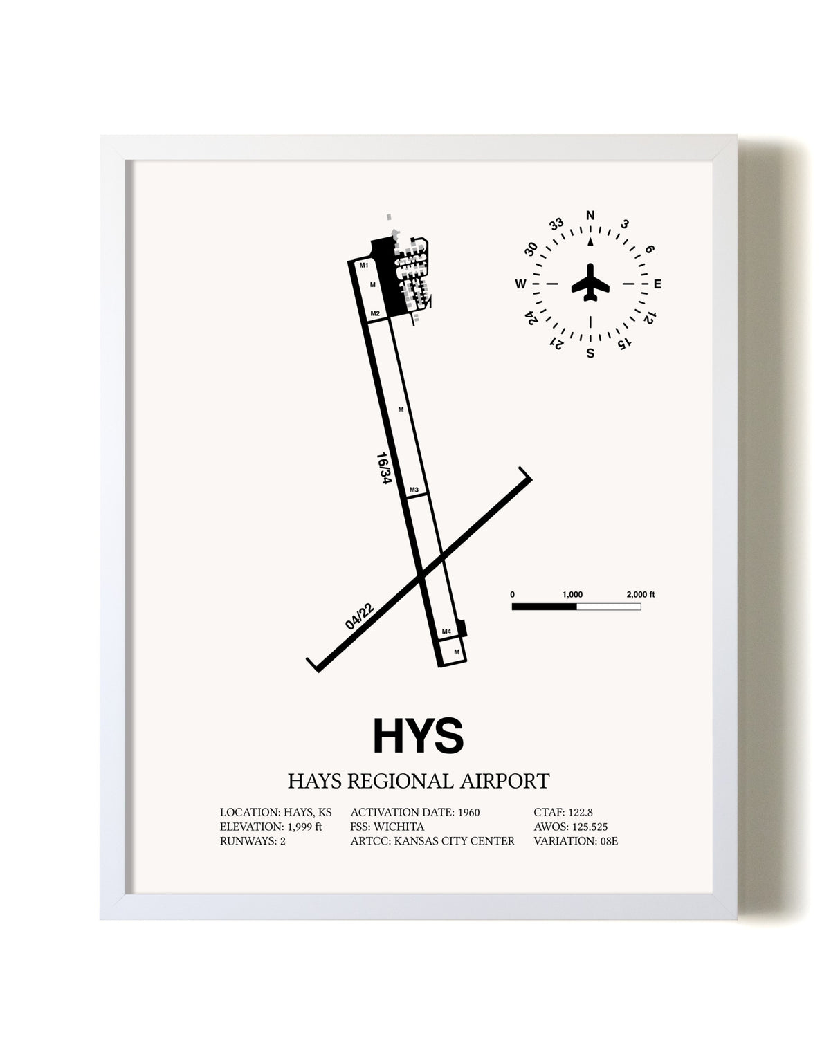 Hays Regional Airport airport map poster in oak frame