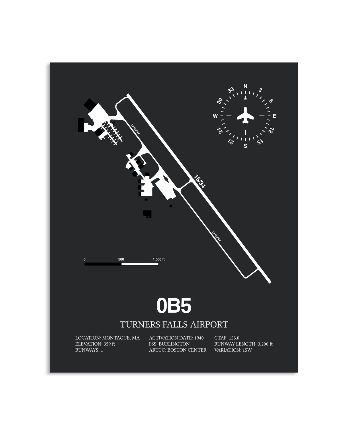 Gray Framed Turners Falls Airport layout wall art poster
