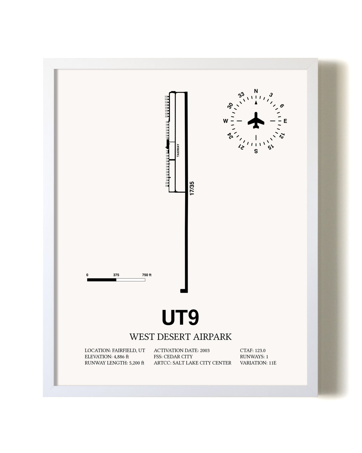 West Desert Airpark airport map poster in oak frame