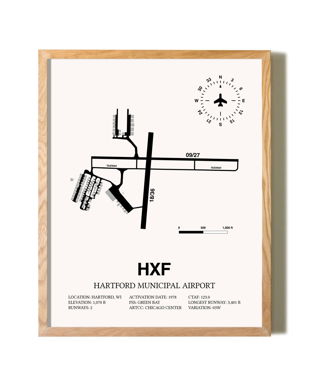 Hartford Municipal Airport framed print in natural wood frame