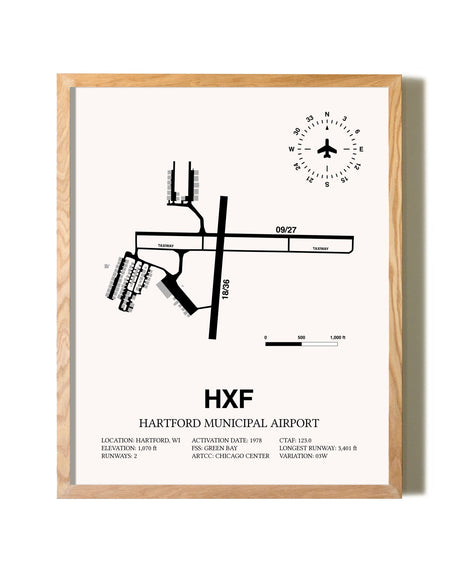 Hartford Municipal Airport framed print in natural wood frame