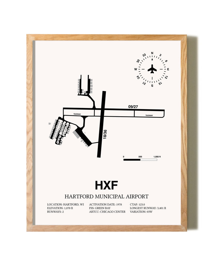 Hartford Municipal Airport framed print in natural wood frame