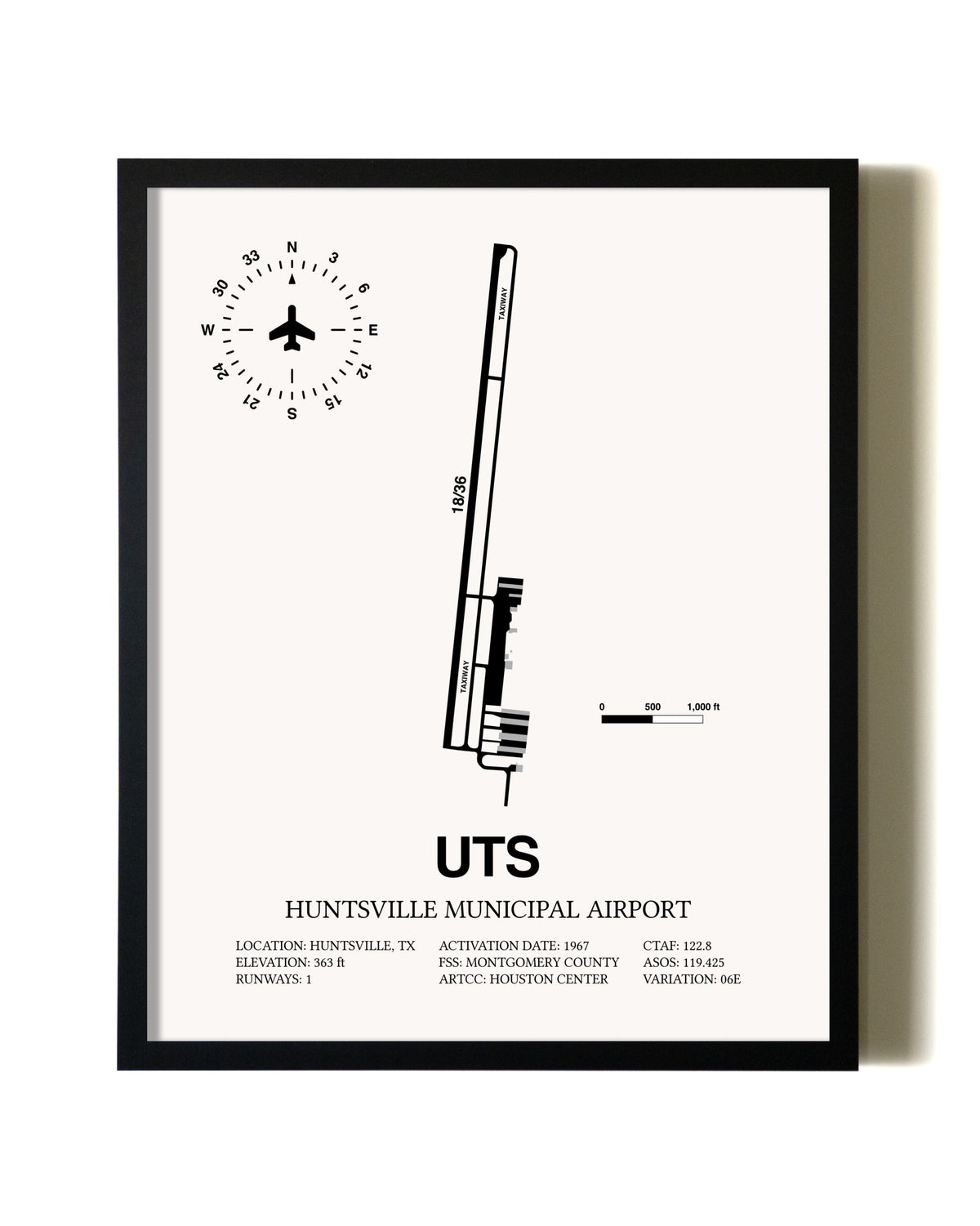 Framed Huntsville Municipal Airport wall art poster in black frame