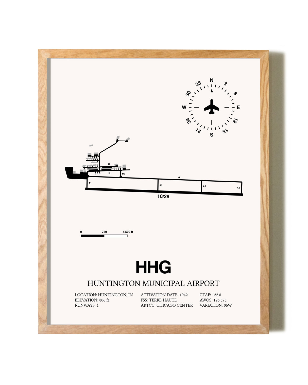 Huntington Municipal Airport framed print in natural wood frame