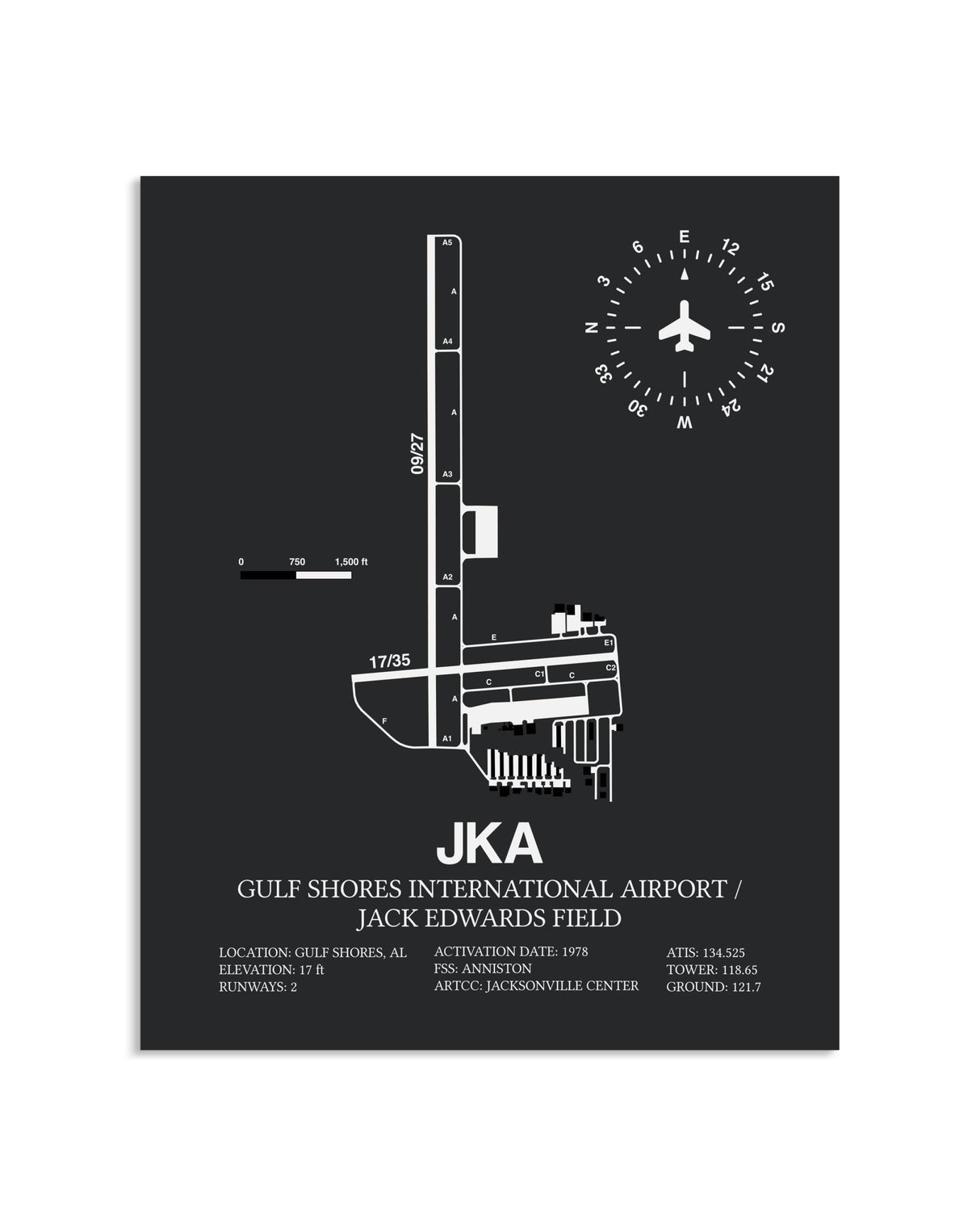 Gray Framed Gulf Shores International Airport / Jack Edwards Field layout wall art poster