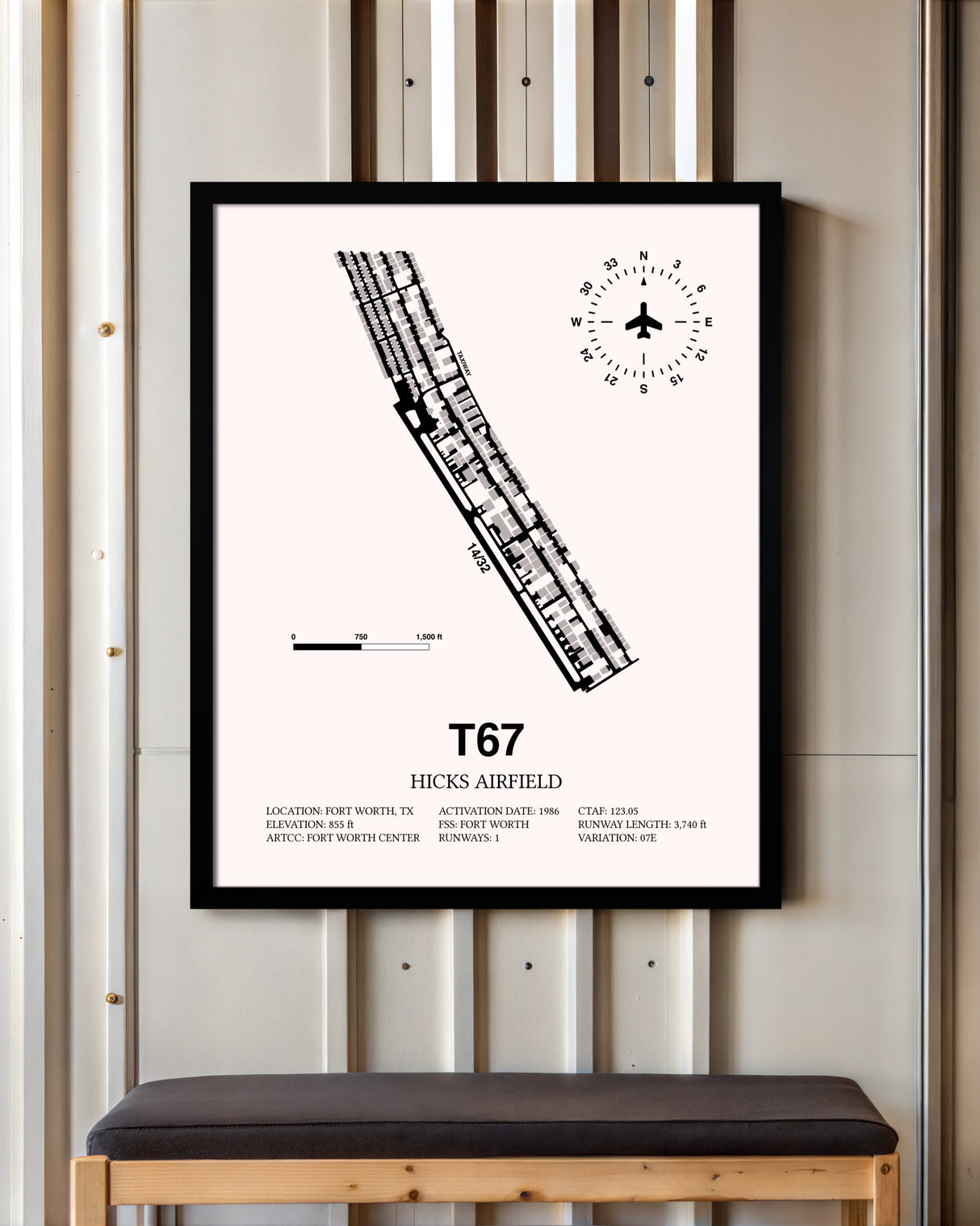 Hicks Airfield framed poster displayed in an airplane hangar