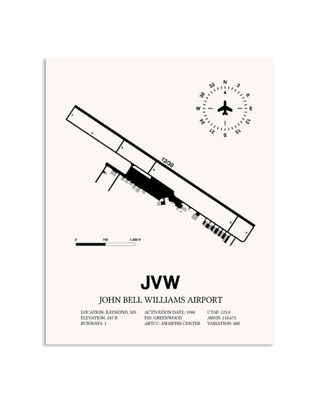 Gray John Bell Williams Airport framed poster displayed in an airplane hangar