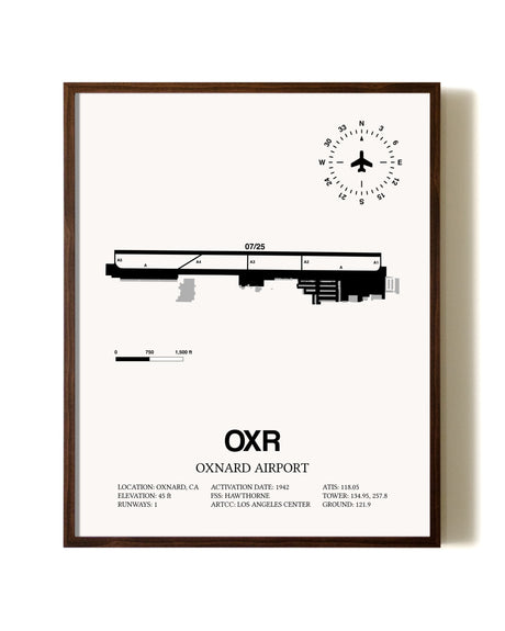 Oxnard Airport aviation print in walnut frame