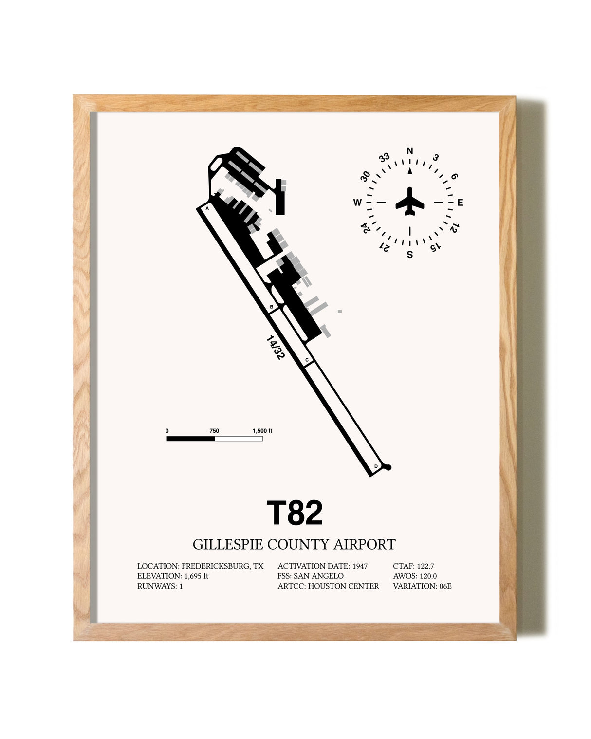 Gillespie County Airport framed print in natural wood frame