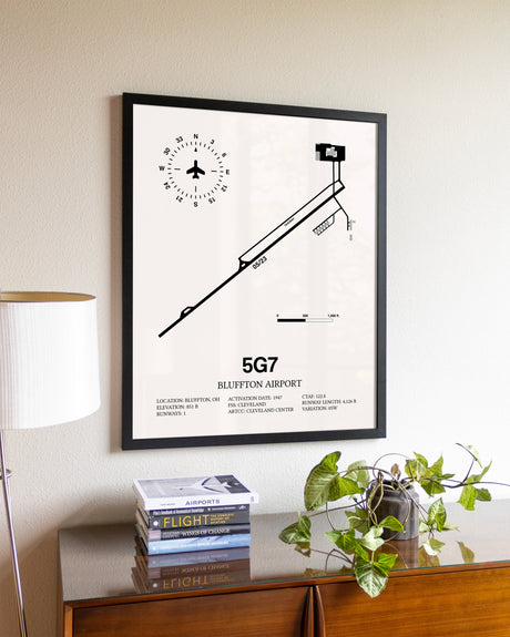 Bluffton Airport aviation wall décor in black wood frame