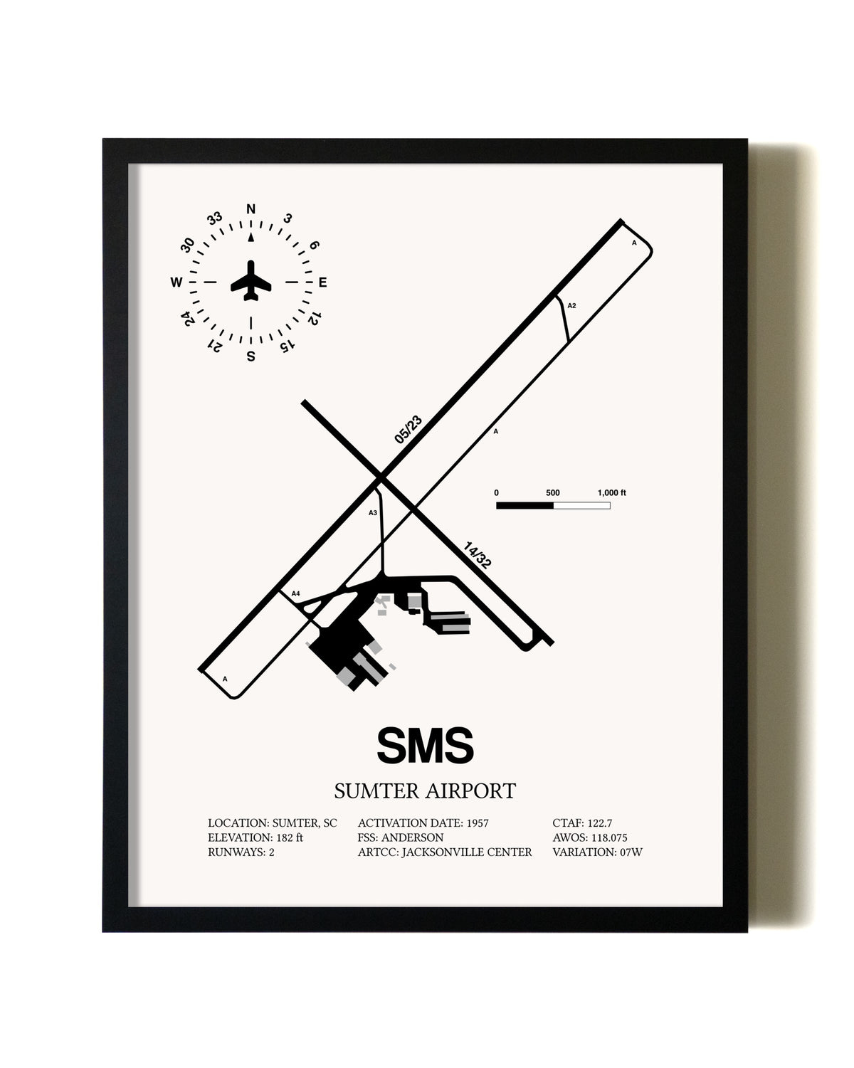 Framed Sumter Airport wall art poster in black frame