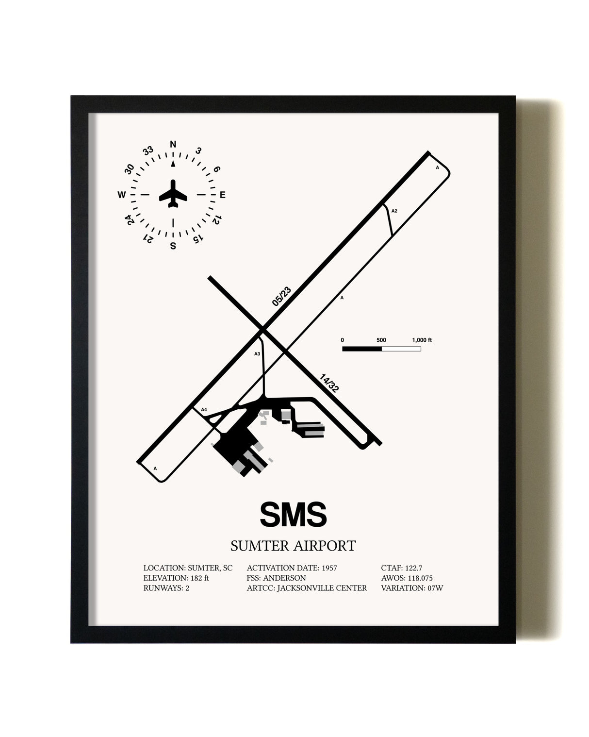 Framed Sumter Airport wall art poster in black frame
