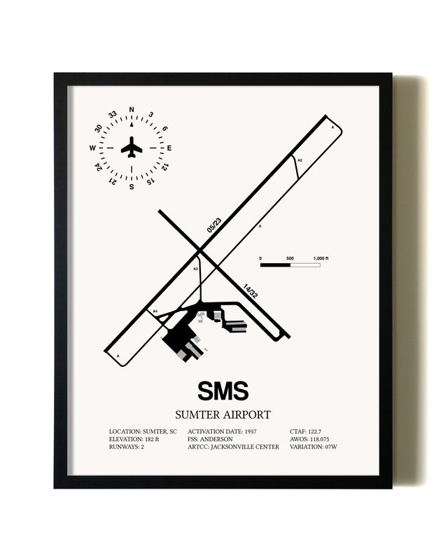 Framed Sumter Airport wall art poster in black frame