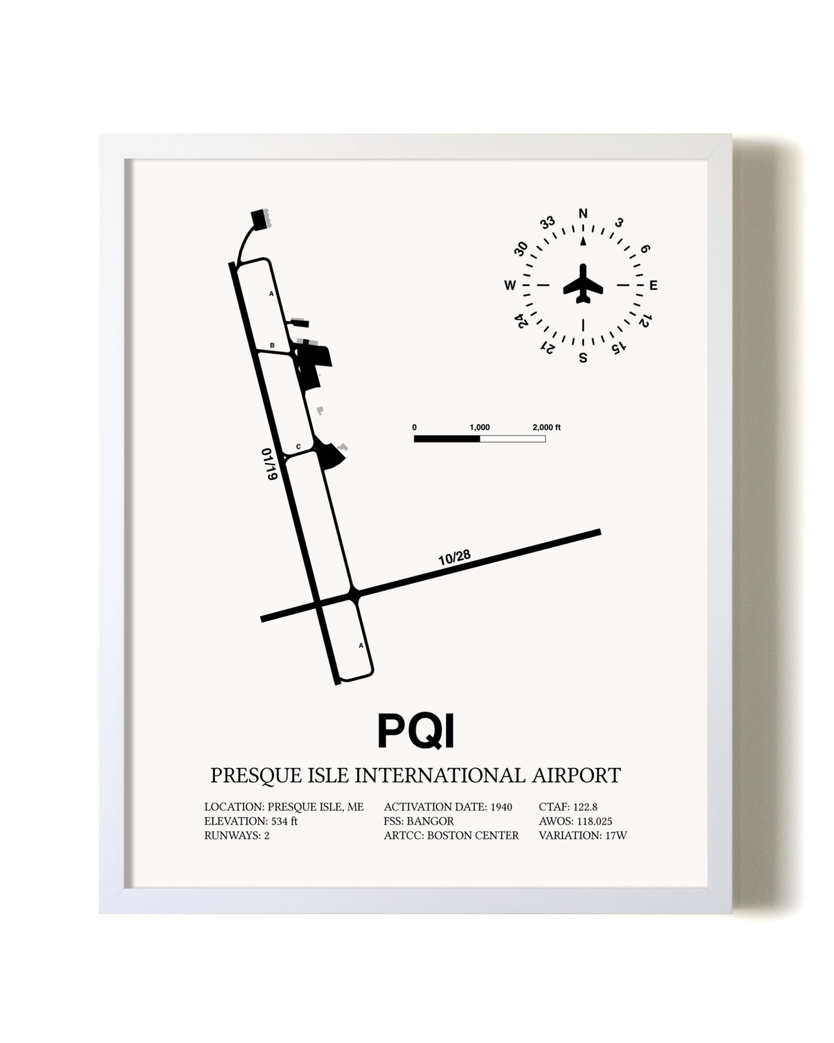 Presque Isle International Airport airport map poster in oak frame