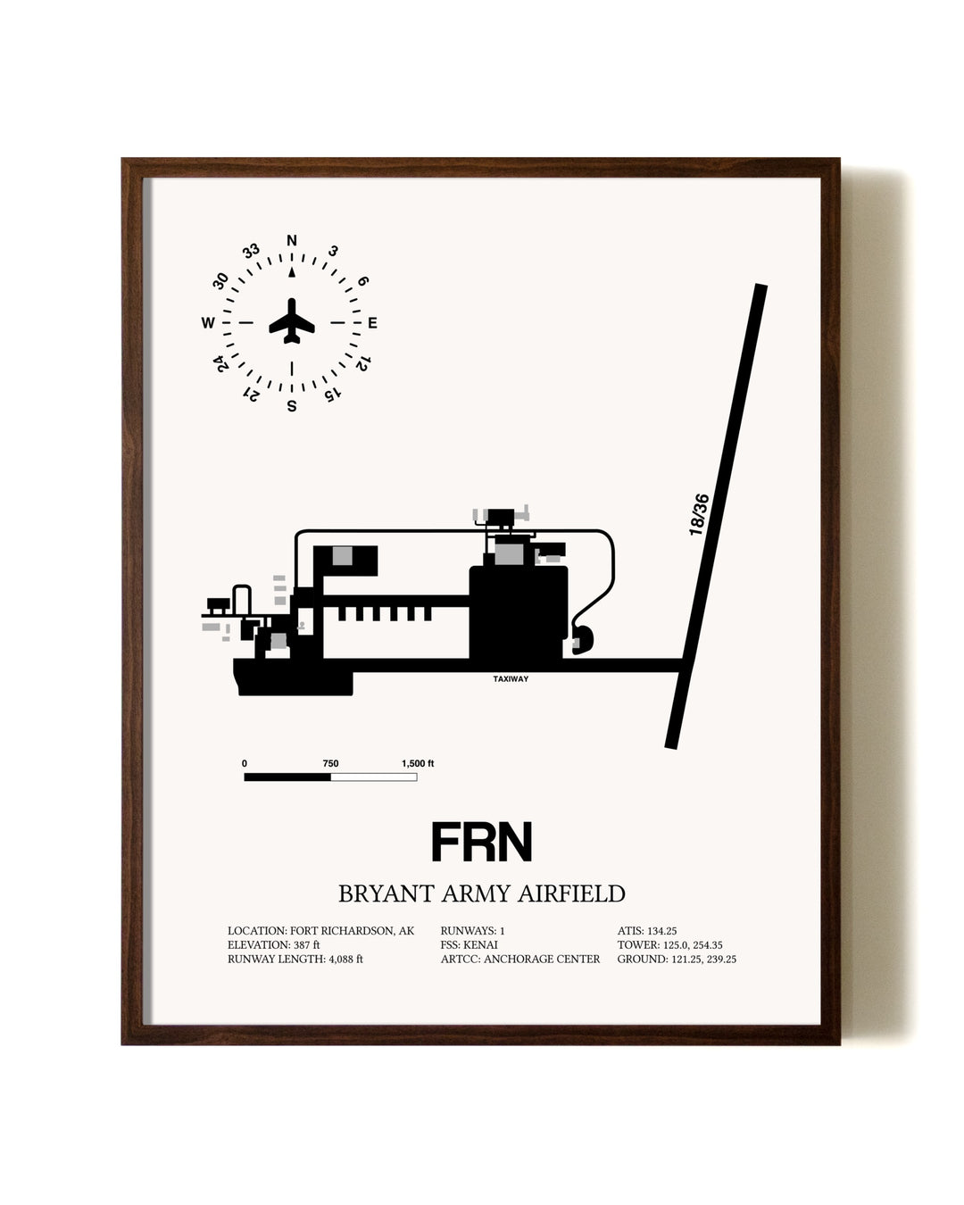 Bryant Army Airfield aviation print in walnut frame