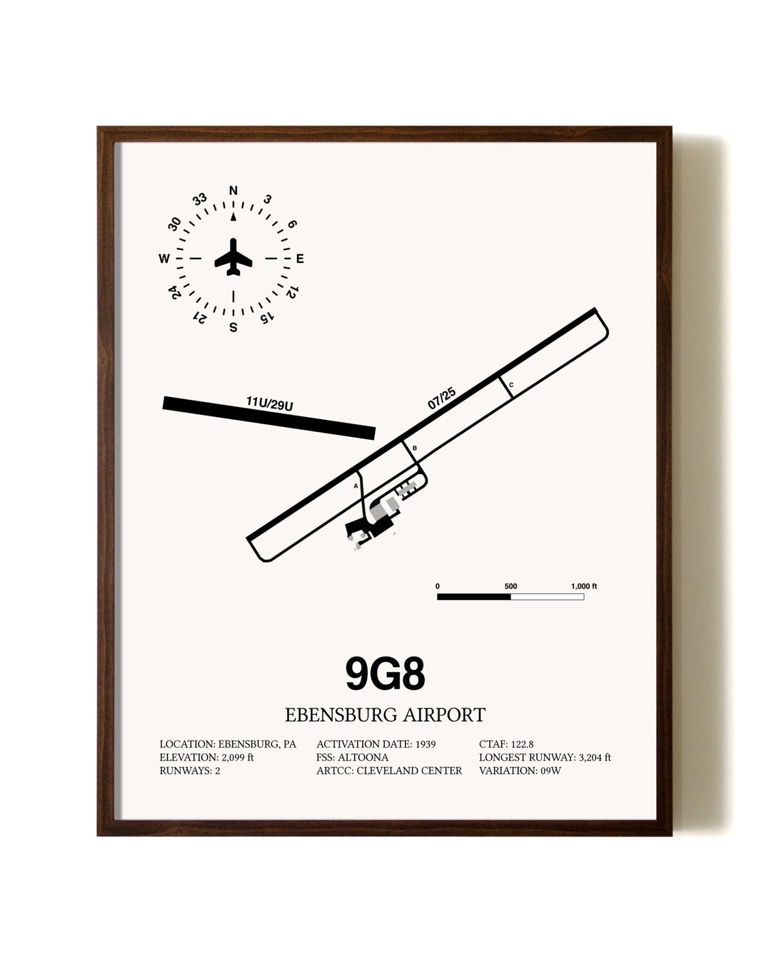 Ebensburg Airport aviation print in walnut frame