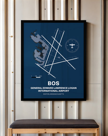Dallas-Fort Worth International Airport framed poster displayed in an airplane hangar