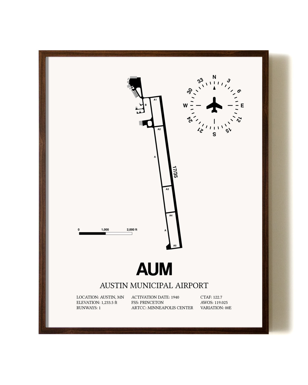 Austin Municipal Airport aviation print in walnut frame