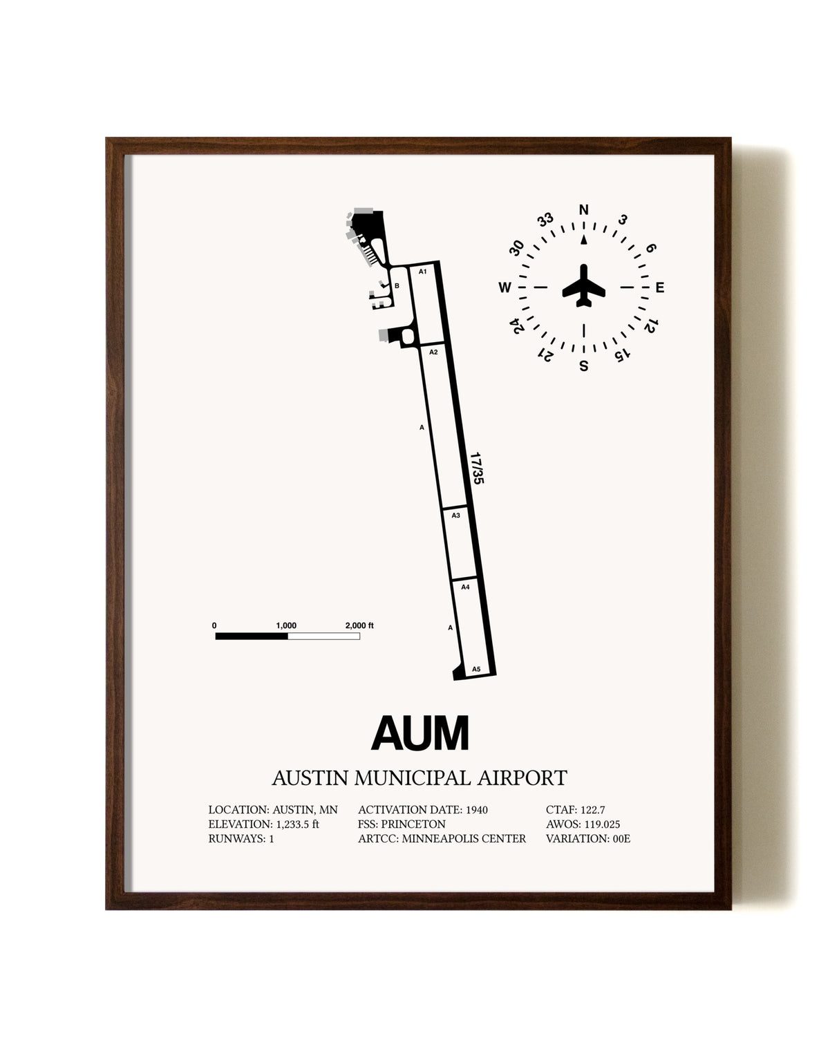 Austin Municipal Airport aviation print in walnut frame